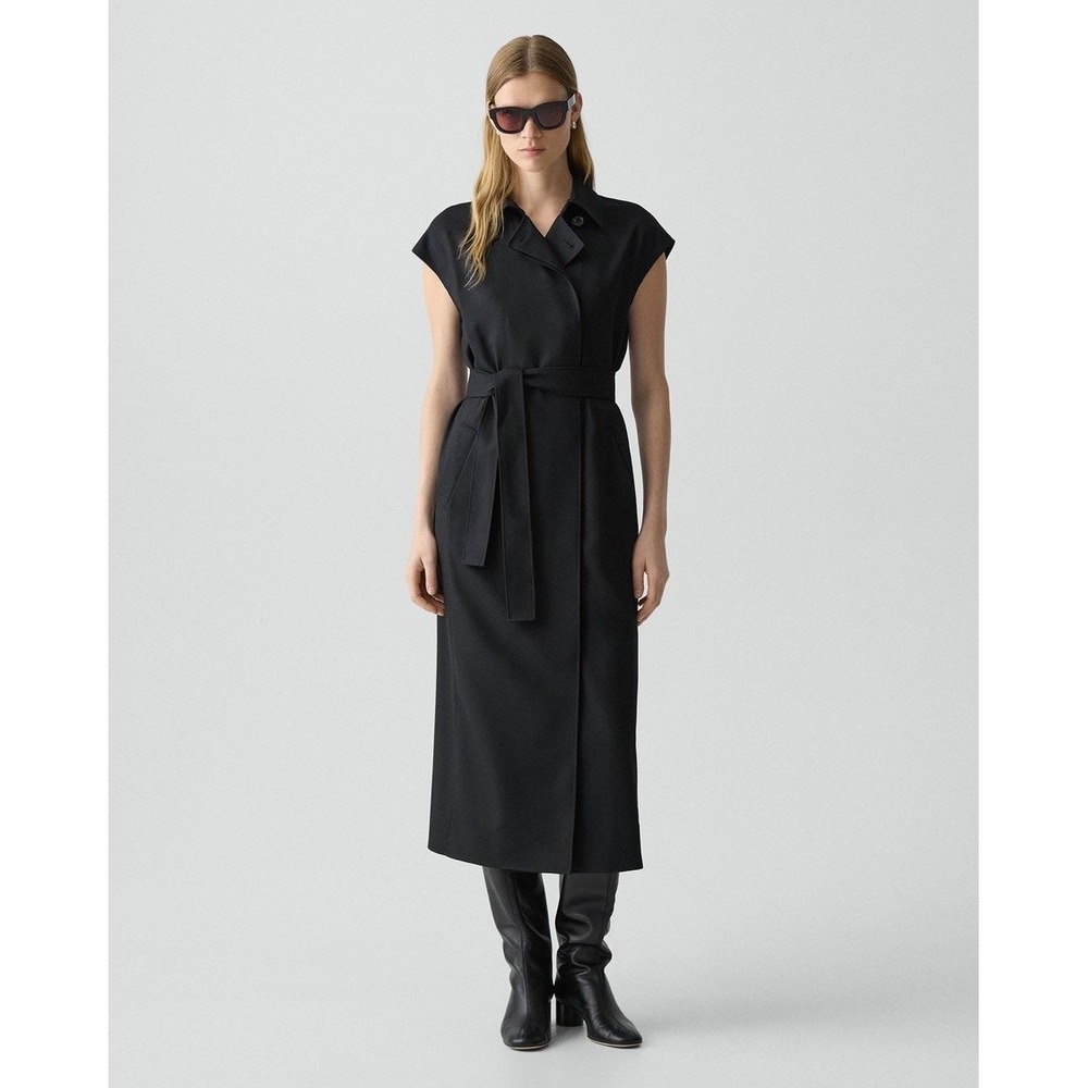 Theory Black Wool Flannel Double Breasted Belted Midi Dress Small